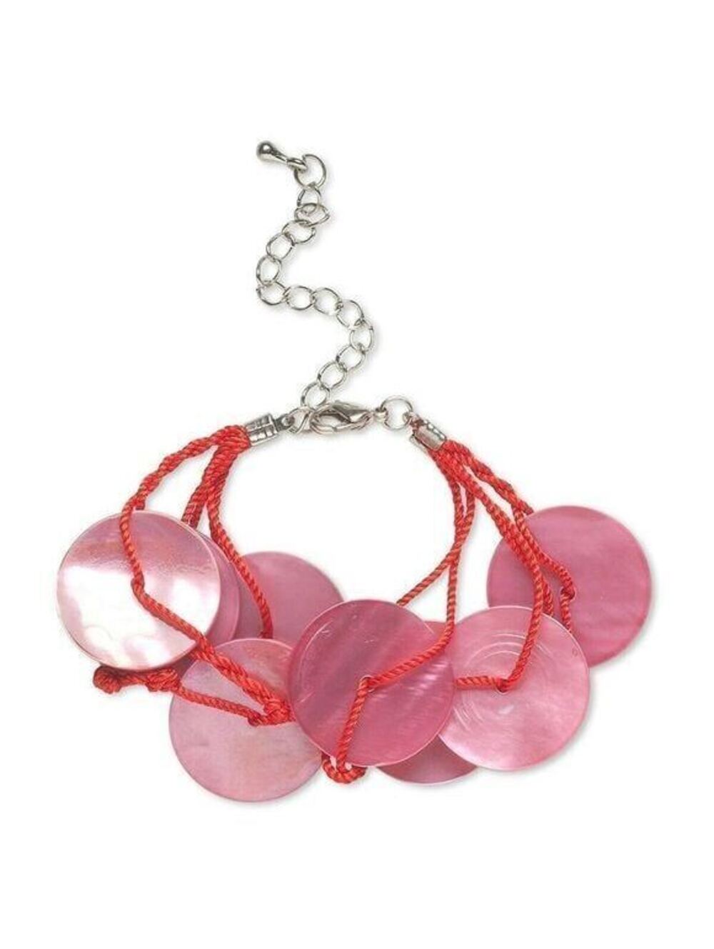 Pink Red and Silver Tone Mussel Shell Disc Adjustable Clasp Bracelet